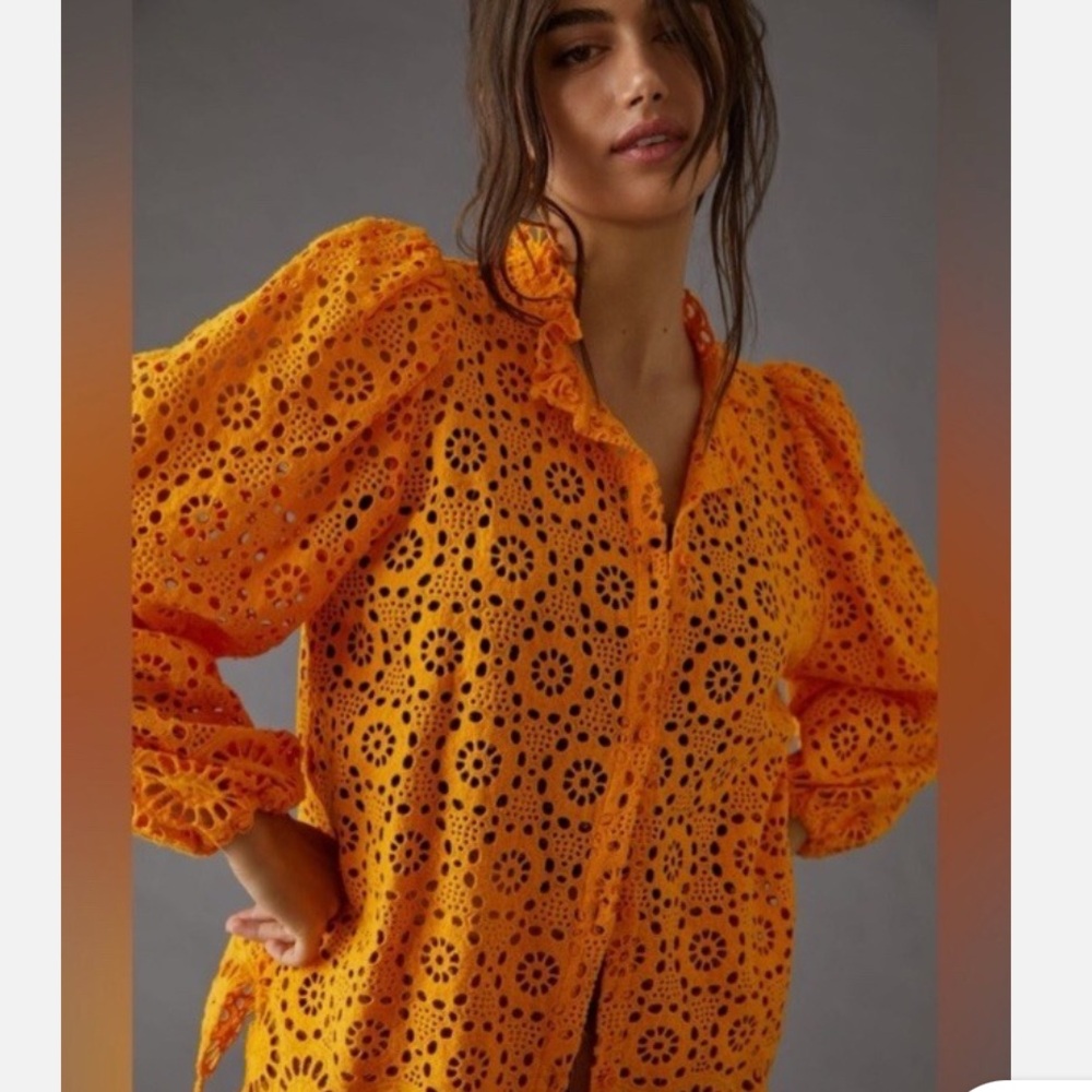 Stella Nova Crochet Top with Puff Sleeves in Orange sz S